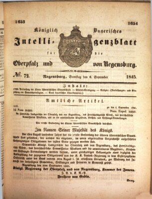 Königlich bayerisches Intelligenzblatt für die Oberpfalz und von Regensburg Samstag 6. September 1845