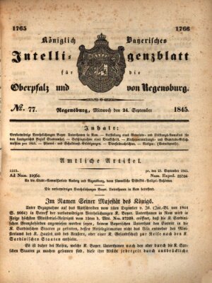 Königlich bayerisches Intelligenzblatt für die Oberpfalz und von Regensburg Mittwoch 24. September 1845