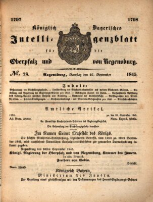 Königlich bayerisches Intelligenzblatt für die Oberpfalz und von Regensburg Samstag 27. September 1845