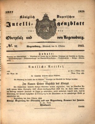 Königlich bayerisches Intelligenzblatt für die Oberpfalz und von Regensburg Mittwoch 8. Oktober 1845