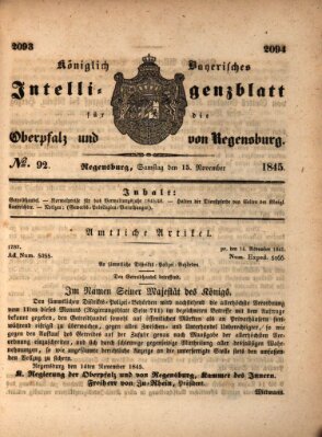 Königlich bayerisches Intelligenzblatt für die Oberpfalz und von Regensburg Samstag 15. November 1845