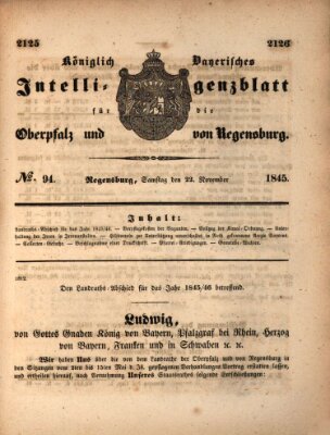 Königlich bayerisches Intelligenzblatt für die Oberpfalz und von Regensburg Samstag 22. November 1845