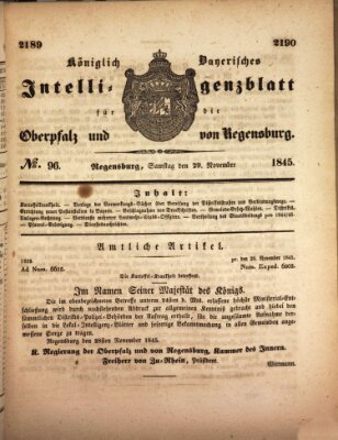 Königlich bayerisches Intelligenzblatt für die Oberpfalz und von Regensburg Samstag 29. November 1845