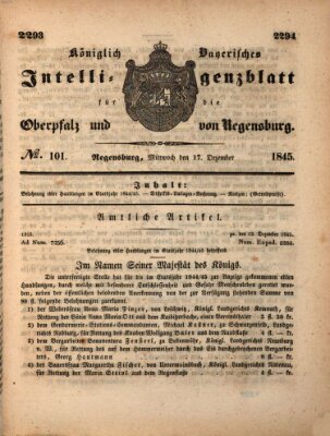 Königlich bayerisches Intelligenzblatt für die Oberpfalz und von Regensburg Mittwoch 17. Dezember 1845