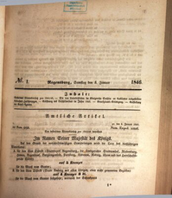 Königlich bayerisches Intelligenzblatt für die Oberpfalz und von Regensburg Samstag 3. Januar 1846