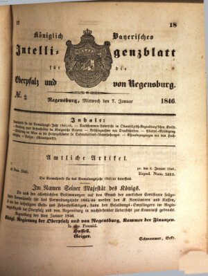 Königlich bayerisches Intelligenzblatt für die Oberpfalz und von Regensburg Mittwoch 7. Januar 1846