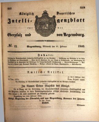 Königlich bayerisches Intelligenzblatt für die Oberpfalz und von Regensburg Mittwoch 11. Februar 1846