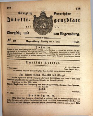 Königlich bayerisches Intelligenzblatt für die Oberpfalz und von Regensburg Samstag 7. März 1846