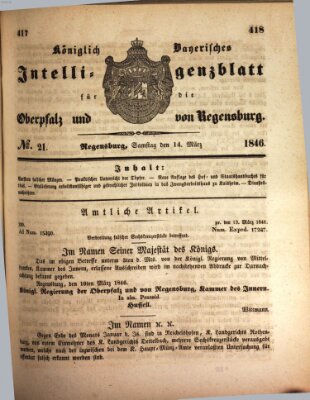 Königlich bayerisches Intelligenzblatt für die Oberpfalz und von Regensburg Samstag 14. März 1846