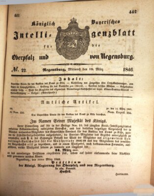 Königlich bayerisches Intelligenzblatt für die Oberpfalz und von Regensburg Mittwoch 18. März 1846