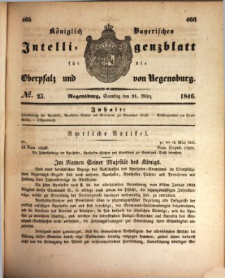 Königlich bayerisches Intelligenzblatt für die Oberpfalz und von Regensburg Samstag 21. März 1846