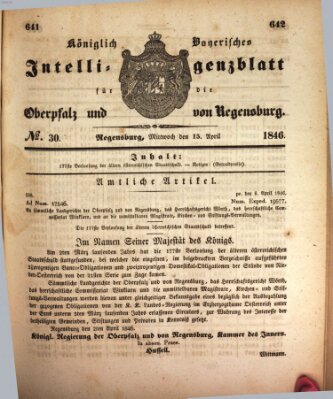 Königlich bayerisches Intelligenzblatt für die Oberpfalz und von Regensburg Mittwoch 15. April 1846