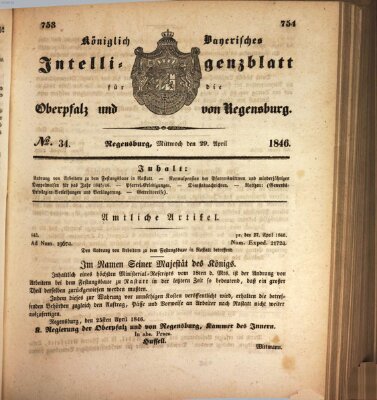 Königlich bayerisches Intelligenzblatt für die Oberpfalz und von Regensburg Mittwoch 29. April 1846