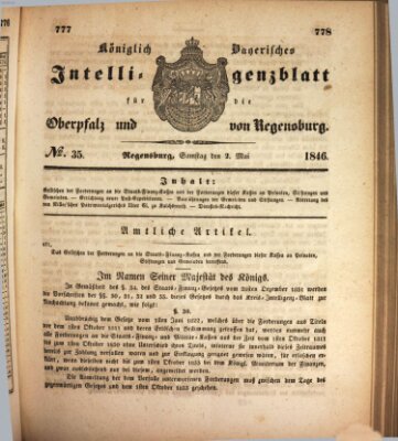 Königlich bayerisches Intelligenzblatt für die Oberpfalz und von Regensburg Samstag 2. Mai 1846