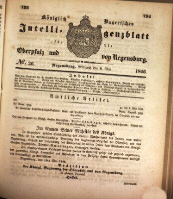 Königlich bayerisches Intelligenzblatt für die Oberpfalz und von Regensburg Mittwoch 6. Mai 1846