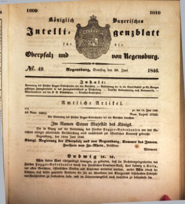 Königlich bayerisches Intelligenzblatt für die Oberpfalz und von Regensburg Samstag 20. Juni 1846