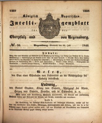 Königlich bayerisches Intelligenzblatt für die Oberpfalz und von Regensburg Mittwoch 22. Juli 1846