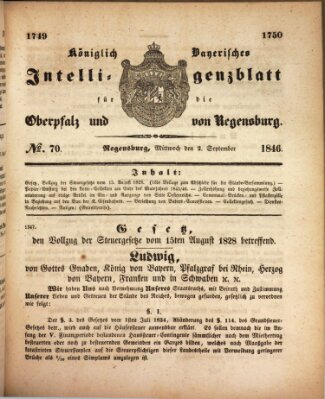 Königlich bayerisches Intelligenzblatt für die Oberpfalz und von Regensburg Mittwoch 2. September 1846