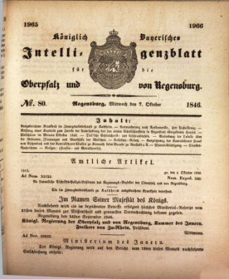 Königlich bayerisches Intelligenzblatt für die Oberpfalz und von Regensburg Mittwoch 7. Oktober 1846