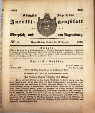 Königlich bayerisches Intelligenzblatt für die Oberpfalz und von Regensburg Samstag 14. November 1846