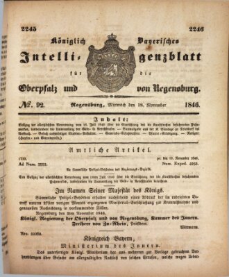 Königlich bayerisches Intelligenzblatt für die Oberpfalz und von Regensburg Mittwoch 18. November 1846