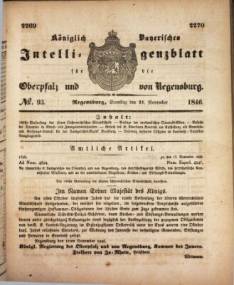 Königlich bayerisches Intelligenzblatt für die Oberpfalz und von Regensburg Samstag 21. November 1846