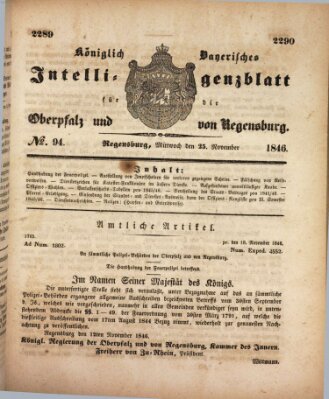 Königlich bayerisches Intelligenzblatt für die Oberpfalz und von Regensburg Mittwoch 25. November 1846