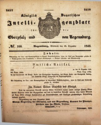 Königlich bayerisches Intelligenzblatt für die Oberpfalz und von Regensburg Mittwoch 16. Dezember 1846