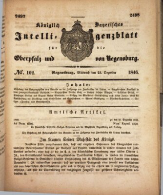 Königlich bayerisches Intelligenzblatt für die Oberpfalz und von Regensburg Mittwoch 23. Dezember 1846