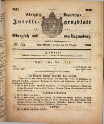 Königlich bayerisches Intelligenzblatt für die Oberpfalz und von Regensburg Samstag 26. Dezember 1846