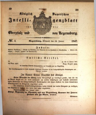 Königlich bayerisches Intelligenzblatt für die Oberpfalz und von Regensburg Mittwoch 13. Januar 1847