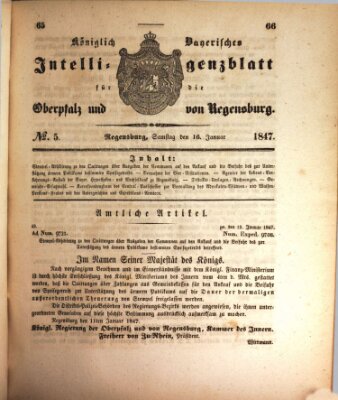 Königlich bayerisches Intelligenzblatt für die Oberpfalz und von Regensburg Samstag 16. Januar 1847