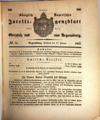 Königlich bayerisches Intelligenzblatt für die Oberpfalz und von Regensburg Mittwoch 17. Februar 1847