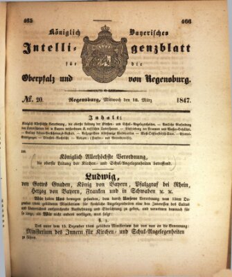 Königlich bayerisches Intelligenzblatt für die Oberpfalz und von Regensburg Mittwoch 10. März 1847