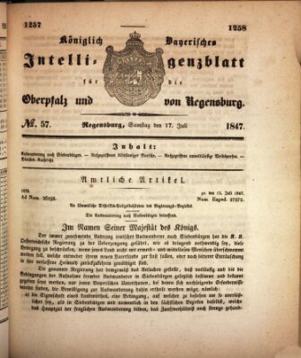 Königlich bayerisches Intelligenzblatt für die Oberpfalz und von Regensburg Samstag 17. Juli 1847