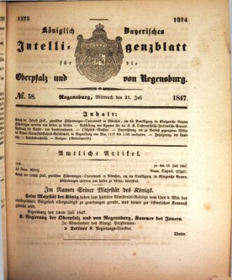 Königlich bayerisches Intelligenzblatt für die Oberpfalz und von Regensburg Mittwoch 21. Juli 1847