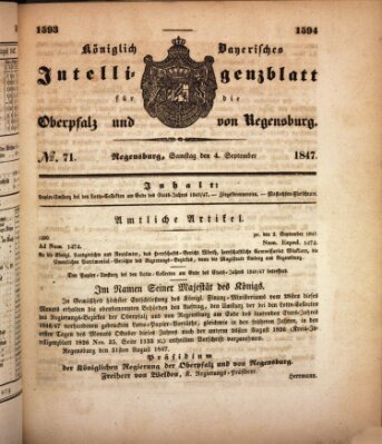 Königlich bayerisches Intelligenzblatt für die Oberpfalz und von Regensburg Samstag 4. September 1847