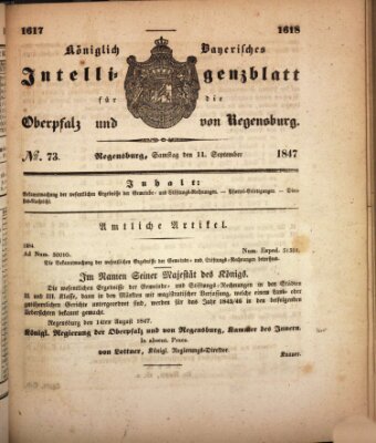 Königlich bayerisches Intelligenzblatt für die Oberpfalz und von Regensburg Samstag 11. September 1847