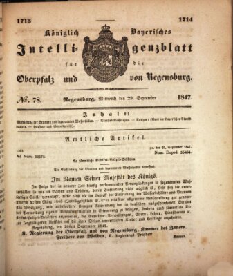 Königlich bayerisches Intelligenzblatt für die Oberpfalz und von Regensburg Mittwoch 29. September 1847