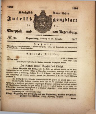 Königlich bayerisches Intelligenzblatt für die Oberpfalz und von Regensburg Samstag 20. November 1847