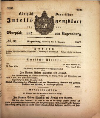 Königlich bayerisches Intelligenzblatt für die Oberpfalz und von Regensburg Mittwoch 1. Dezember 1847