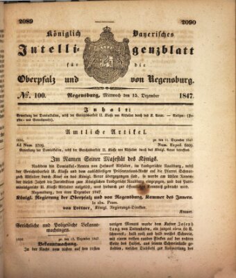 Königlich bayerisches Intelligenzblatt für die Oberpfalz und von Regensburg Mittwoch 15. Dezember 1847