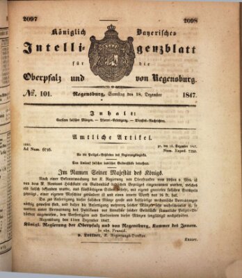 Königlich bayerisches Intelligenzblatt für die Oberpfalz und von Regensburg Samstag 18. Dezember 1847