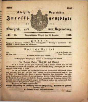 Königlich bayerisches Intelligenzblatt für die Oberpfalz und von Regensburg Mittwoch 22. Dezember 1847