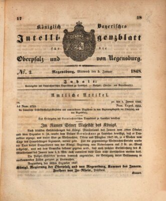 Königlich bayerisches Intelligenzblatt für die Oberpfalz und von Regensburg Mittwoch 5. Januar 1848