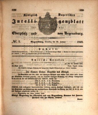 Königlich bayerisches Intelligenzblatt für die Oberpfalz und von Regensburg Samstag 22. Januar 1848