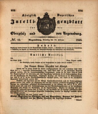 Königlich bayerisches Intelligenzblatt für die Oberpfalz und von Regensburg Samstag 12. Februar 1848