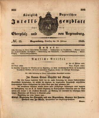 Königlich bayerisches Intelligenzblatt für die Oberpfalz und von Regensburg Samstag 19. Februar 1848