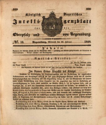 Königlich bayerisches Intelligenzblatt für die Oberpfalz und von Regensburg Mittwoch 23. Februar 1848