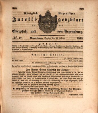 Königlich bayerisches Intelligenzblatt für die Oberpfalz und von Regensburg Samstag 26. Februar 1848